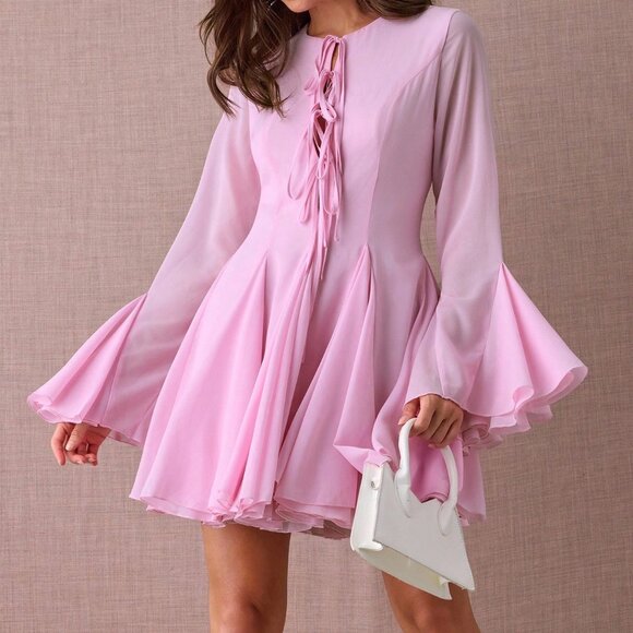 Pink Elegant Women's Romantic Flare Sleeve Mini Dress - Picture 7 of 7